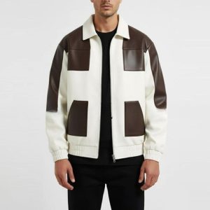 Two Tone Genuine Leather Jacket  Cream  Brown Zip Front