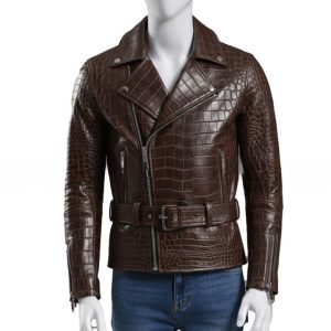 Embossed Brown Leather Moto Jacket Asymmetrical Zip Belted Waist