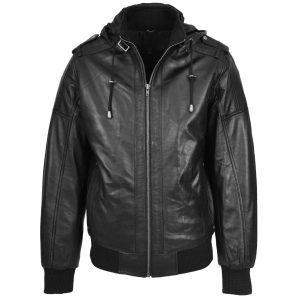 Mens Real Leather Bomber Jacket Trendy Removable Hood Style Reggie Black
