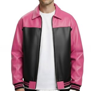Pink and Black Mens Genuine Leather Jacket with Zip Front and Contrast Panel Styling