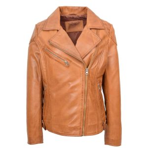 Womens Real Leather Biker Jacket Cross Zip Pockets Cherry Tan