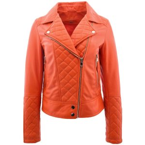 Womens Leather Biker Jacket with Quilt Detail Ziva Orange