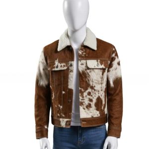 Mens Brown and Cream Shearling Collar Leather Jacket with Patterned Panels Winter Casual Outerwear