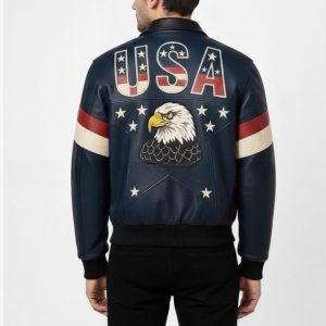 USA Text Navy Color Genuine Leather Jacket with Contrast Arm Stripe Detail