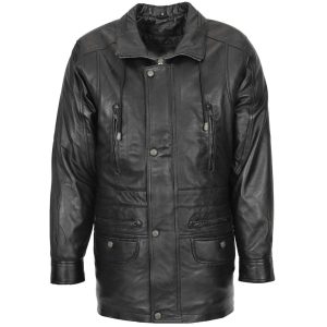 Mens Leather Winter Car Coat Hip Length Jason Black
