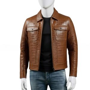 Mens Brown Crocodile Embossed Genuine Leather Jacket