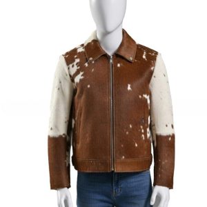 Mens Chestnut Brown Zip Leather Jacket with Speckled Contrast Panels   Refined Casual Outerwear