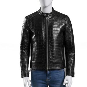 Mens Black Crocodile Embossed Leather Jacket  Genuine Leather Biker Style Handmade Jackets