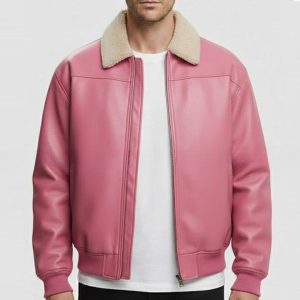 Pink Leather Jacket with Soft Shearling Collar for Men