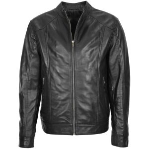 Mens Soft Leather Casual Plain Zip Jacket Matt Black