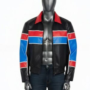 Black Jacket with Red and Blue Panel Design For Men  Genuine Leather Puffer Coat