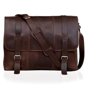 LUXE VOYAGER LEATHER MESSENGER  BROWN  18 L x 5 W x 13 H