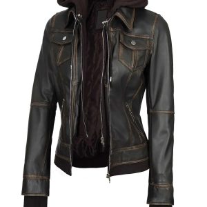 Tralee Women Dark Brown Bomber Leather Jacket With Removable Hood