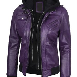 Women's Purple Real Leather Jacket with Removable Hood