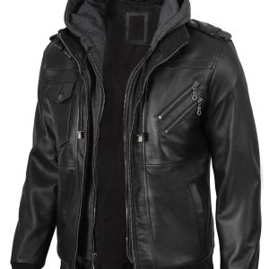 Men's Black Bomber Leather Jacket with Removable Hood
