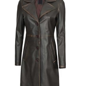 Bryson Women's Rub Off Dark Brown Leather Long 3/4 Coat