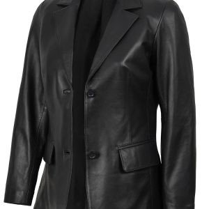 Women's Black Two-Button Real Leather Blazer