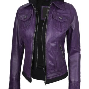 Women's Purple Leather Jacket with Removable Hood