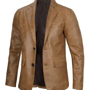 Mens Camel Brown Leather Blazer Jacket