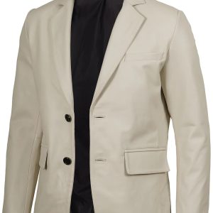 Mens Two Buttons Off White Leather Blazer