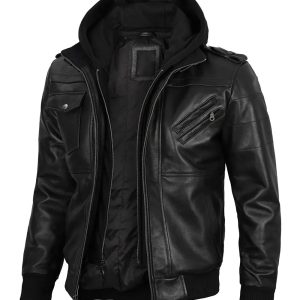 Edinburgh Mens Black Bomber Leather Jacket With Removable Hood