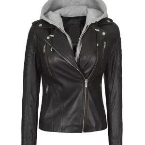 Womens Black Leather Biker Jacket With Removable Hood