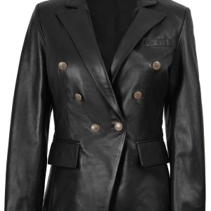 Kim Women's Black Double Breasted Leather Blazer