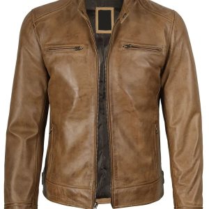 Dodge Men's Camel Brown Leather Cafe Racer Jacket