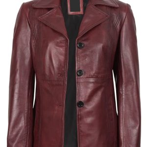 Women's Real Leather Burgundy Blazer with Three Button
