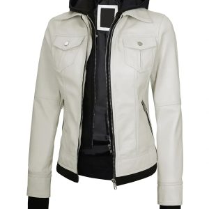 Womens Off White Biker Style Leather Jacket with Hood