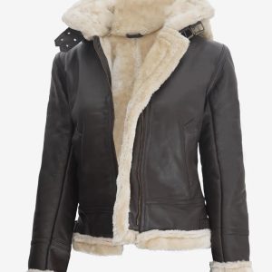 Womens Dark Brown Hooded Shearling Leather Jacket