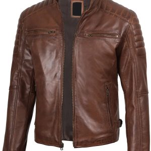 Mens Cognac Brown Cafe Racer Leather Jacket