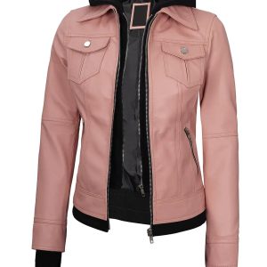 Tralee Women's Pink Leather Biker Style Jacket with Hood