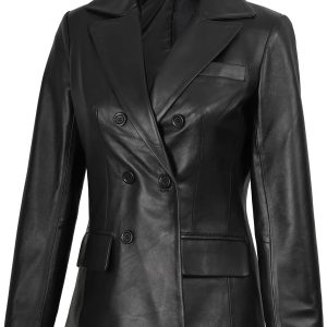 Women's Black Double Breasted Leather Blazer