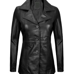 Womens Black Leather Blazer with Three Button
