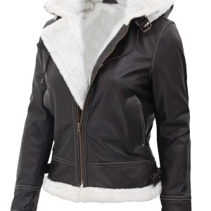 Womens Shearling Dark Brown Bomber Leather Jacket with Removable Hood