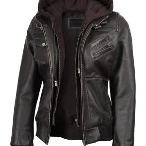 Women's Dark Brown Rub Off Leather Jacket with Removable Hood