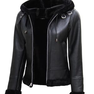 Womens Black Leather Hooded Shearling Jacket