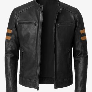 Mens Black Biker Style Leather Jacket with Tan Accent Stripes