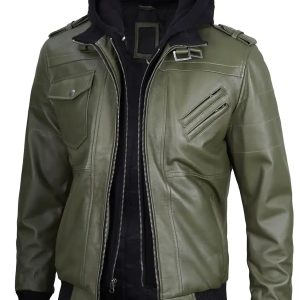 Men's Military Green Leather Jacket with Removable Hood
