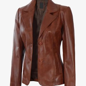 Women's Two Button Cognac Leather Blazer