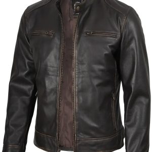 Dodge Men's Rub-Off Dark Brown Cafe Racer Leather Jacket