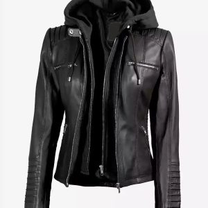 Women's Black Leather Jacket With Removable Hood