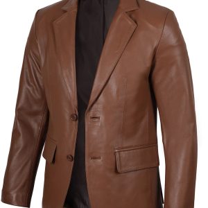 Men's Two Button Cognac Brown Leather Blazer