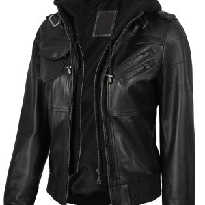 Edinburgh Women's Bomber Black Leather Jacket with Removable Hood