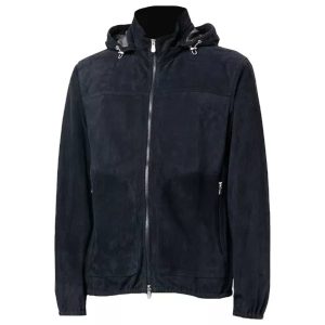 Mens Navy Blue Suede Leather Jacket With Hood