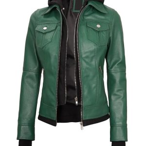 Tralee Women's Green Real Leather Jacket with Hood