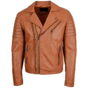 Mens Tan Biker Genuine Leather Jacket