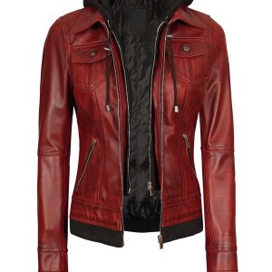 Tralee Women's Maroon Bomber Leather Jacket with Hood