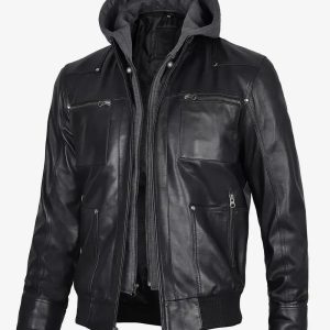 Mens Black Bomber Leather Jacket with Removable Hood